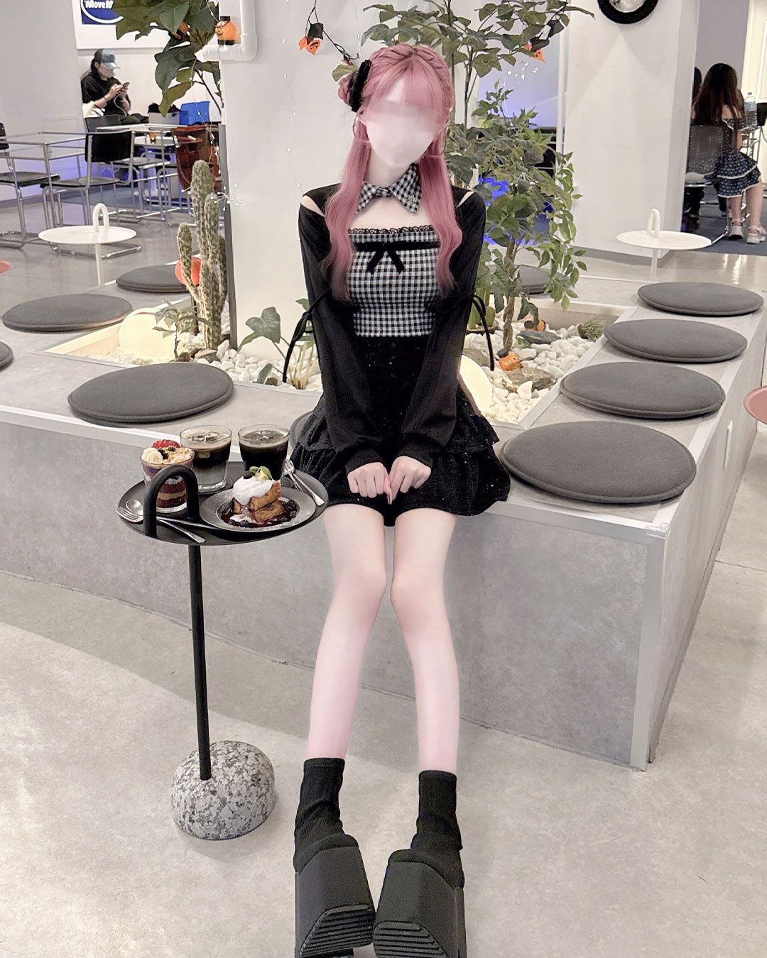 リボンスリットギンガムアンサンブルトップス ブラック | ファッション