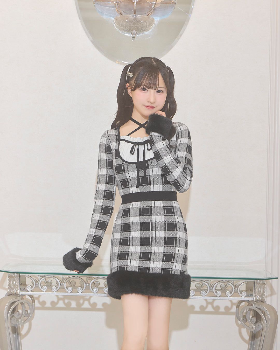 新品未開封　クロスリボンチェックファーワンピ　ミシェルマカロン　XS ワンピース クロスリボンチェックファーワンピ ブラック | ファッション通販