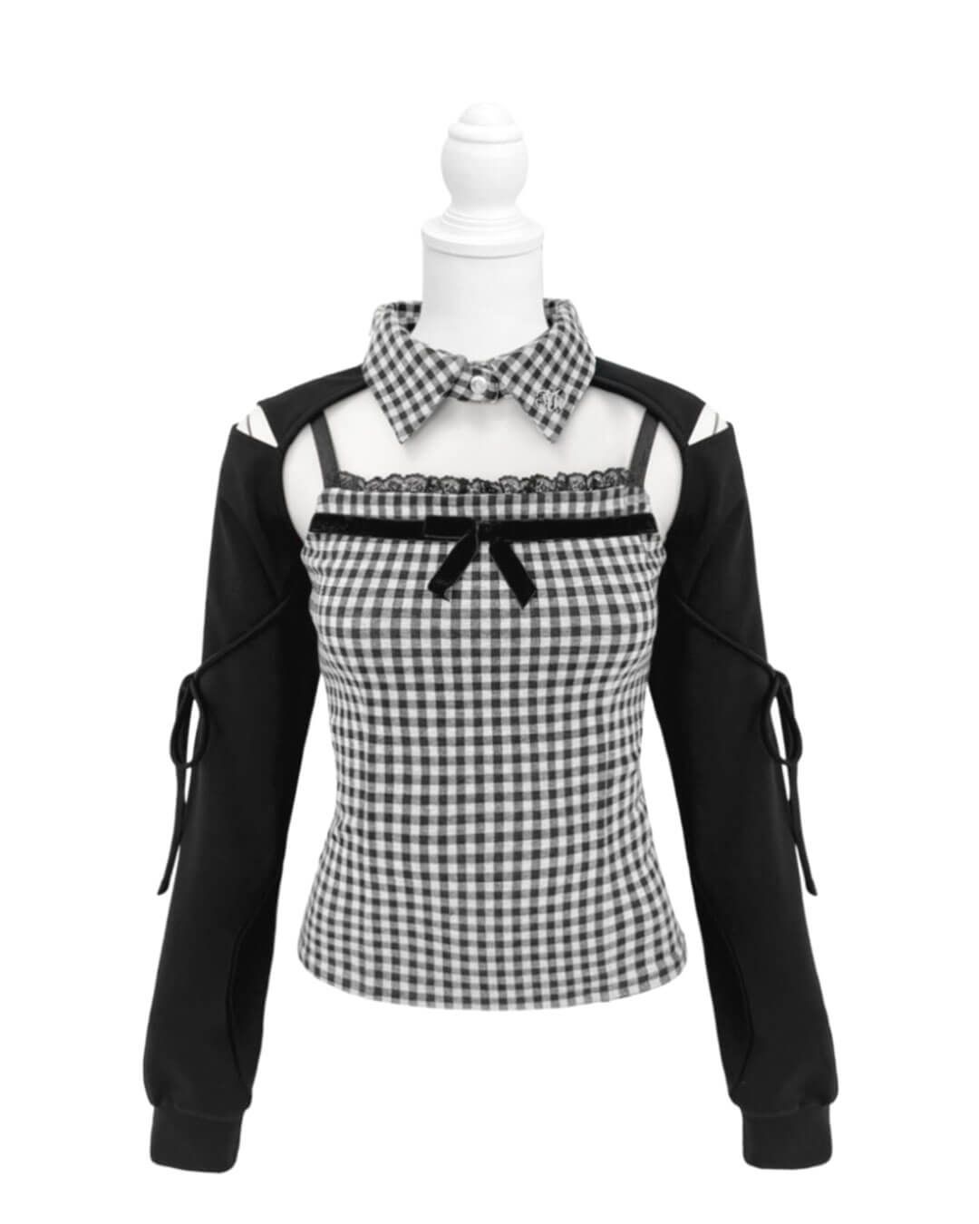 HONEY MEW リボンスリットギンガムアンサンブルトップス ブラック リボンスリットギンガムアンサンブルトップス ブラック | ファッション