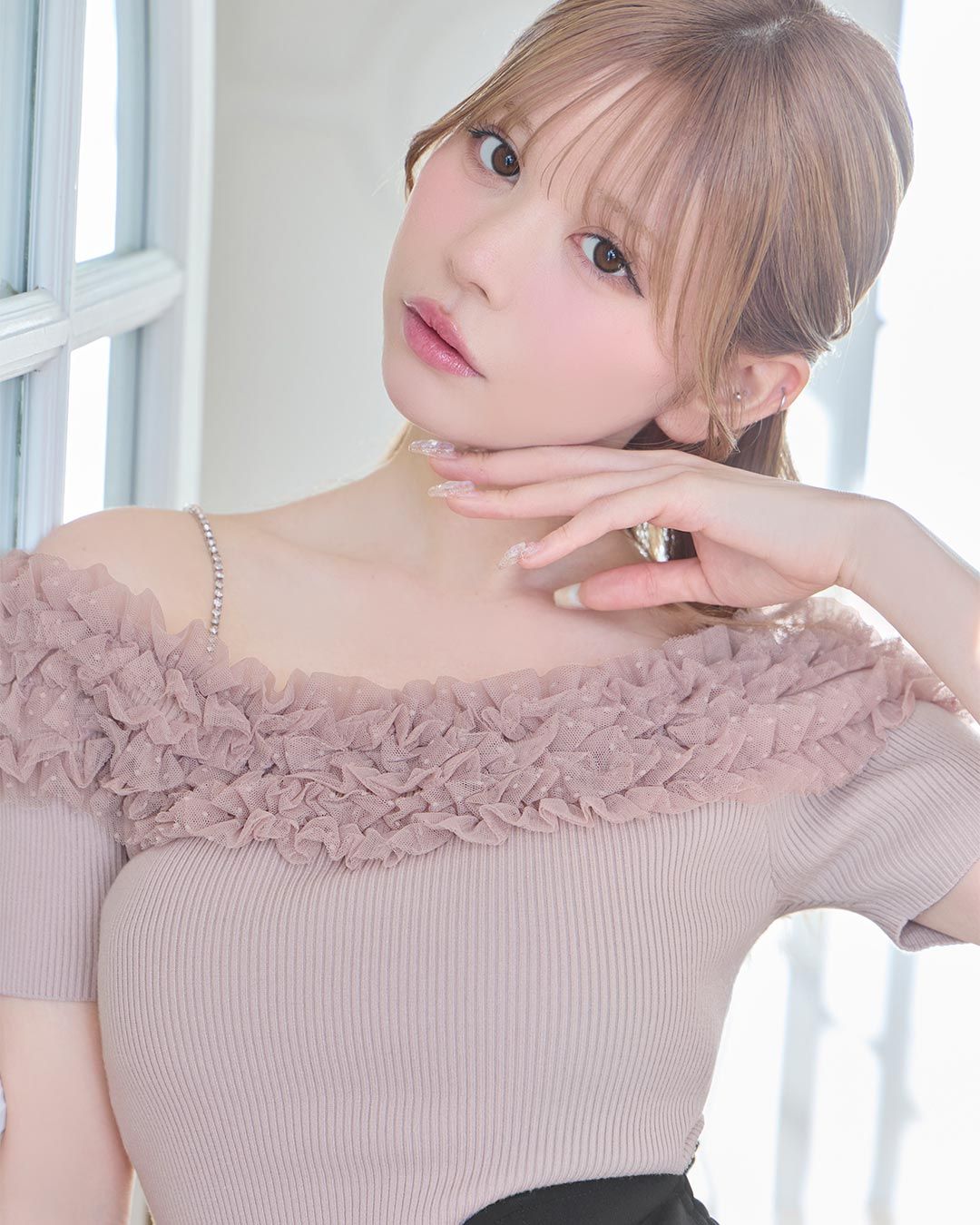 REFLEM バルーン袖オフショルトップス　ピンク □シアーシュリンクオフショルトップス/an another angelus