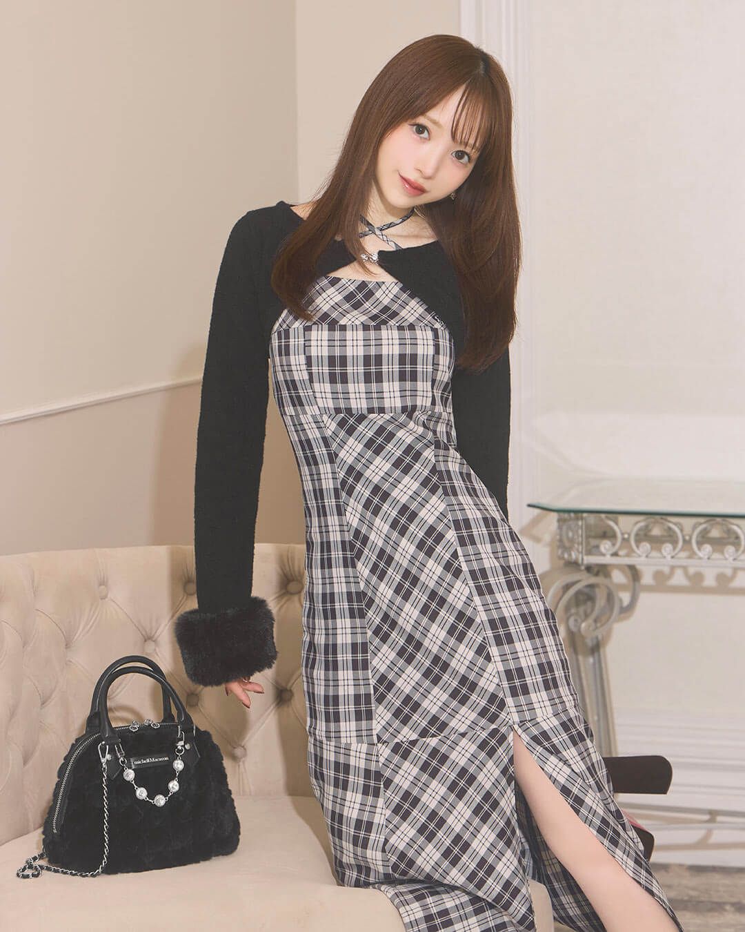 ボレロチェックロングワンピース ブラウン | ファッション通販