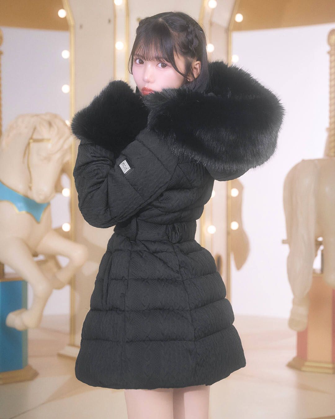 ケーブル柄ベルトダウンコート　ミシェルマカロン ケーブル柄ベルトダウンコート ブラック | ファッション通販＆メディア