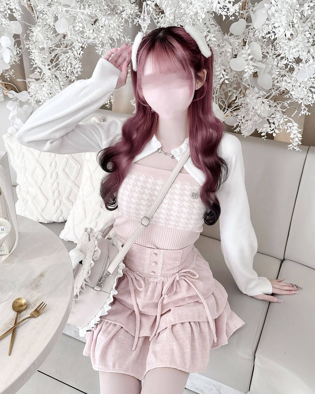 千鳥アンサンブルニットトップス ピンク | ファッション通販＆メディア