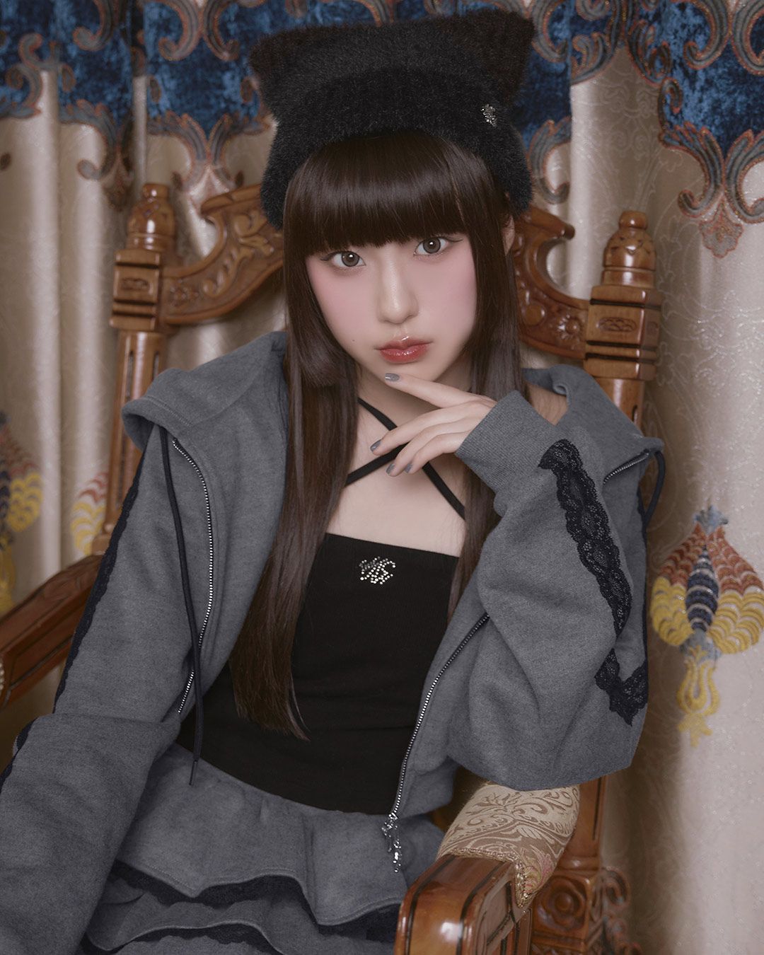 michelMacaron レースティアードセットアップ チャコールグレー レースティアードセットアップ3点セット ブラック