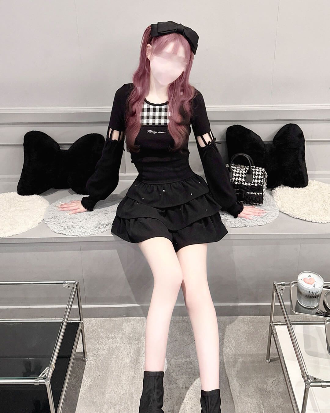 アームリボンスリットギンガムトップス ピンク | ファッション通販