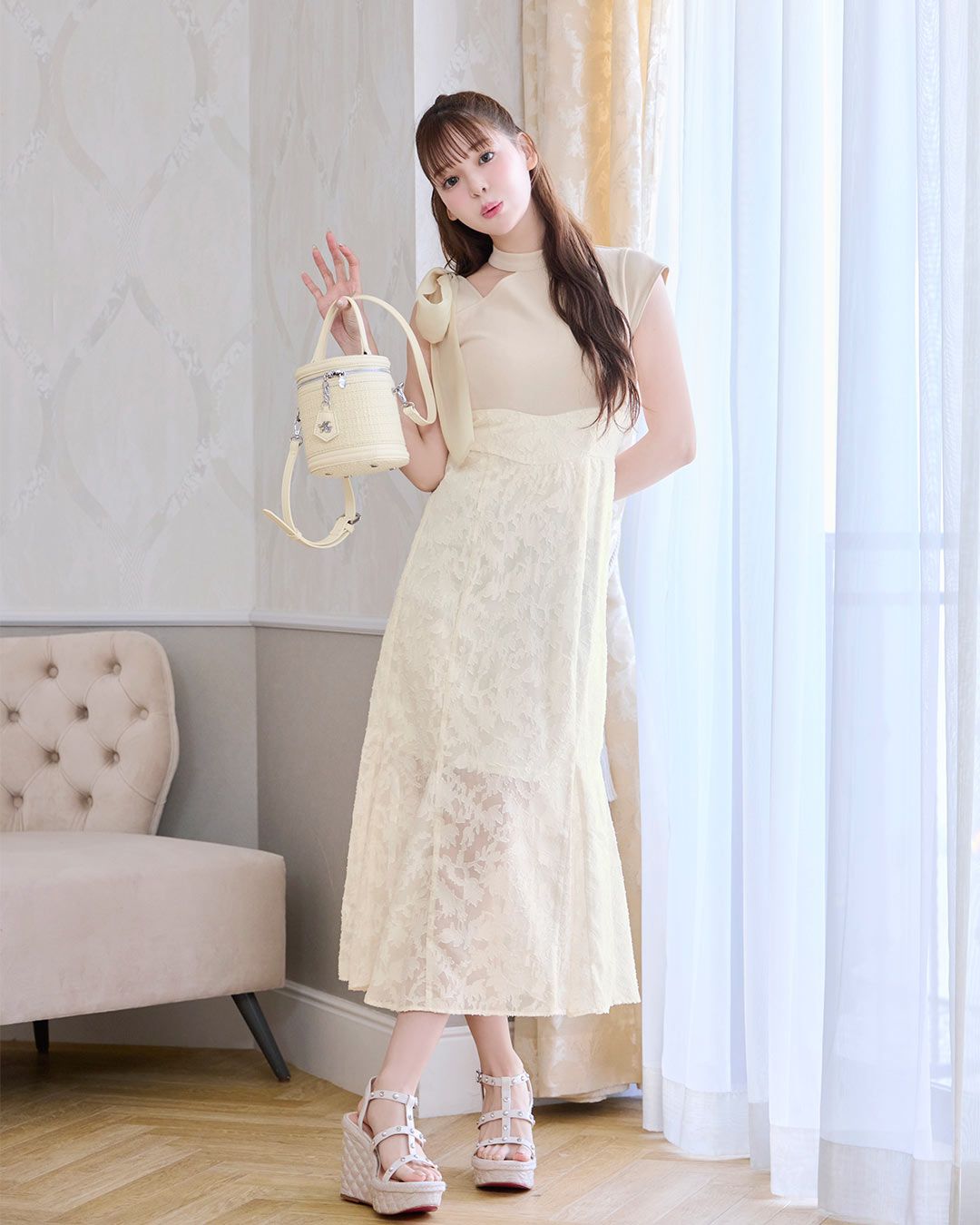 リボンスリーブワンピース michellMacaron アイボリー XSサイズ リボンマーメイドワンピース アイボリー | ファッション通販