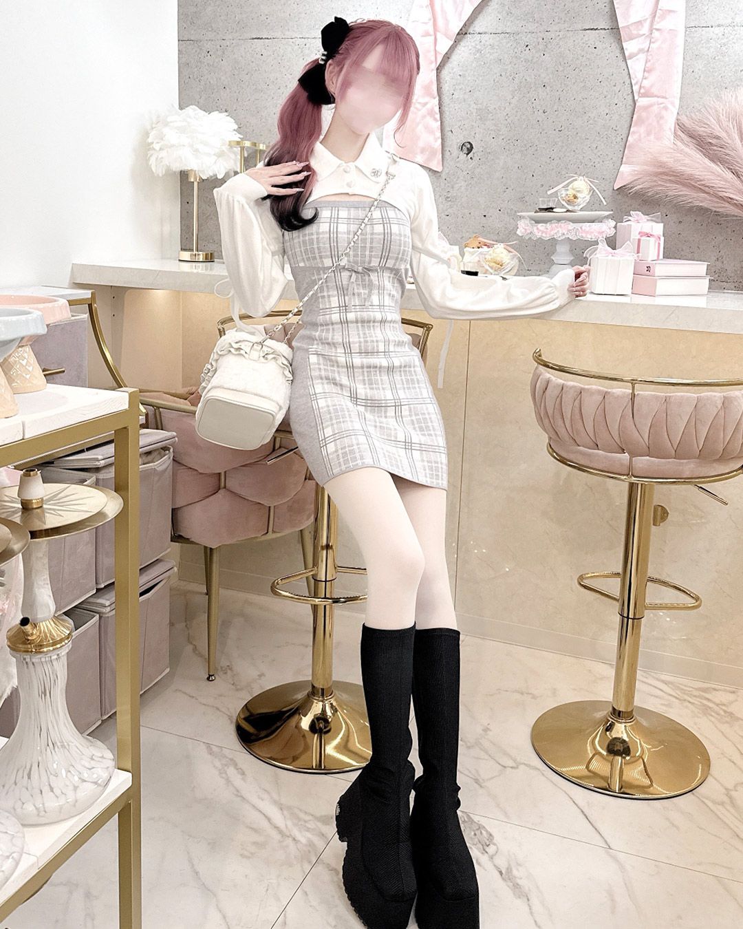 HONEYMEW オフショルボレロチェックアンサンブルワンピース 襟付きボレロチェックアンサンブルワンピース グレー | ファッション