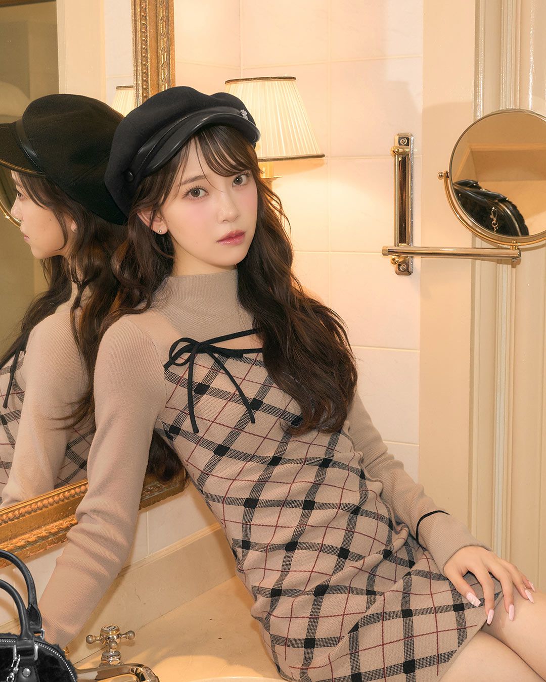 ミシェルマカロン デコルテオープンチェックニットワンピ デコルテオープンチェックニットワンピ ベージュ | ファッション