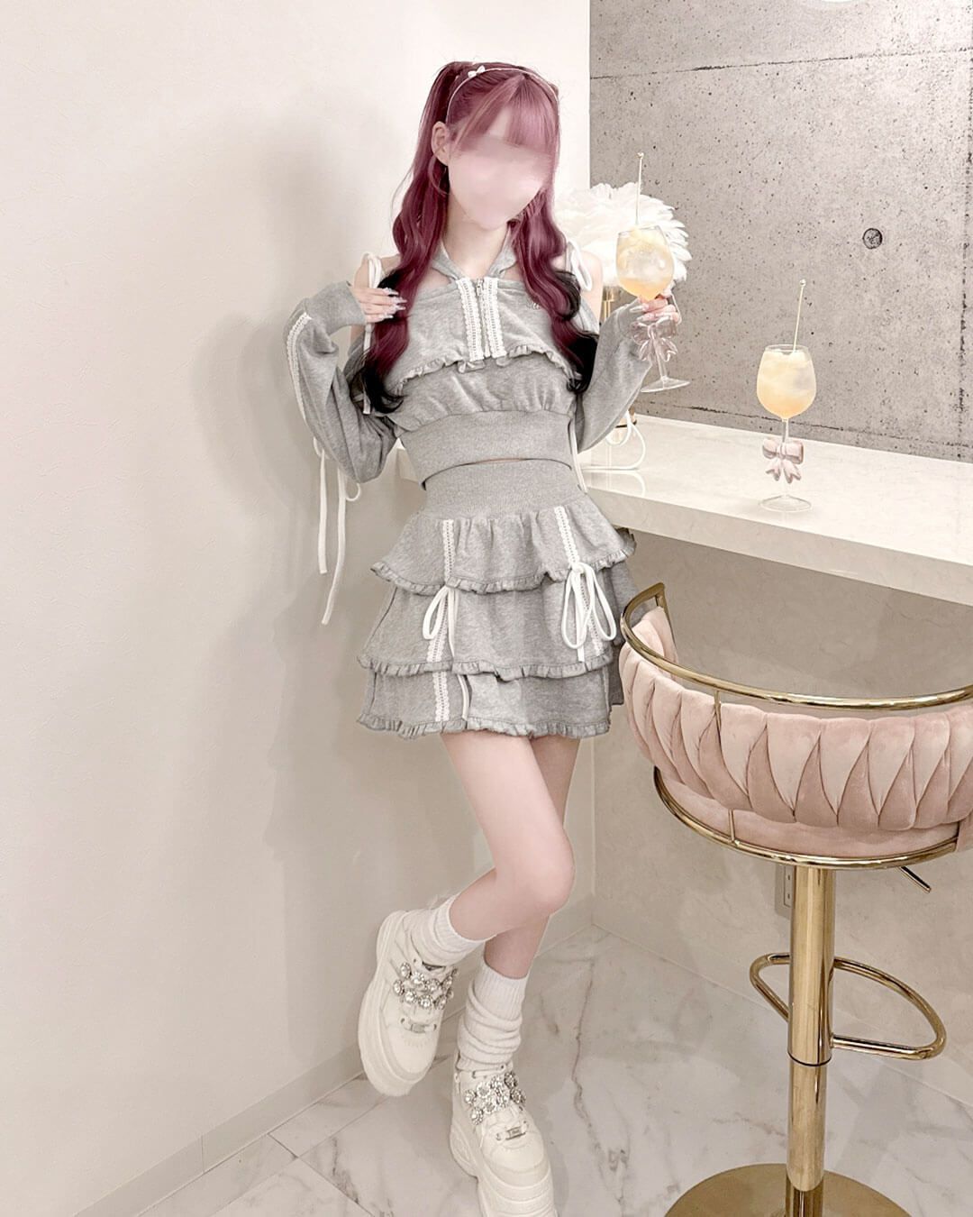 リボンスリットスウェットセットアップ グレー | ファッション通販