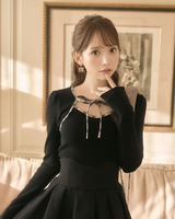 オリジナルチェック柄パイピングリボントップス ブラック