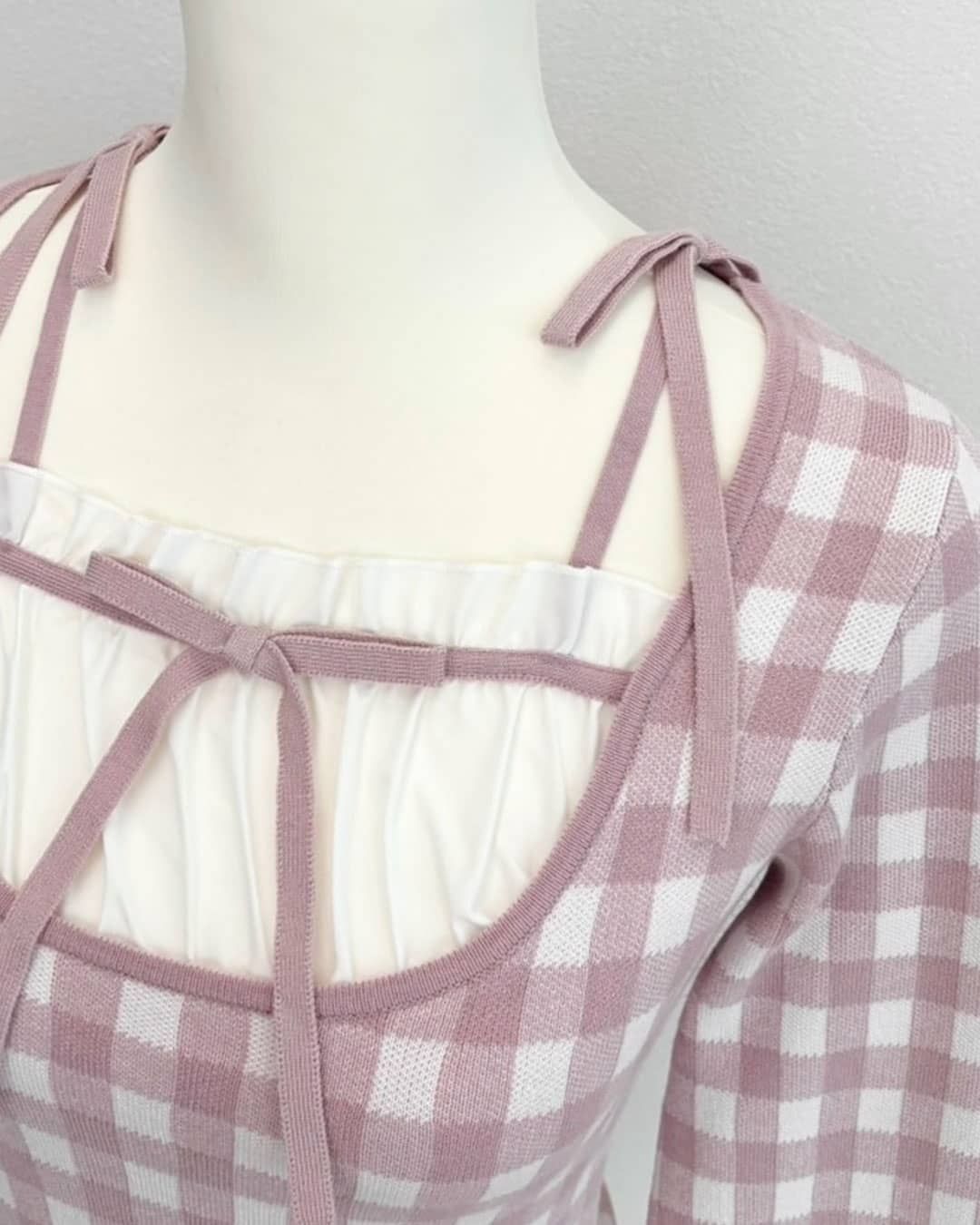 ストラップリボンギンガムチェックトップス ピンク | ファッション通販