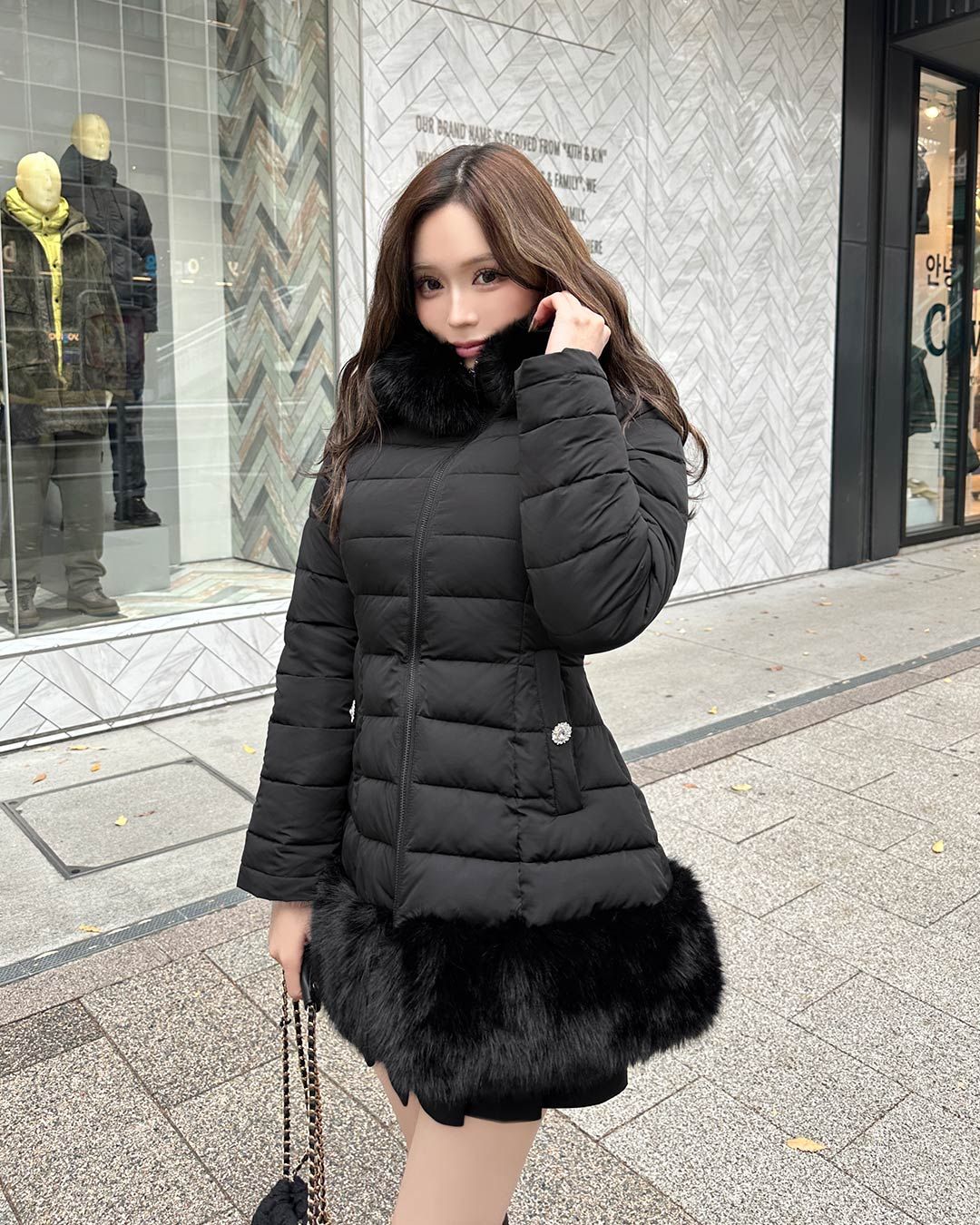 ファーフーディくびれファイバーダウン バニラホワイト | ファッション