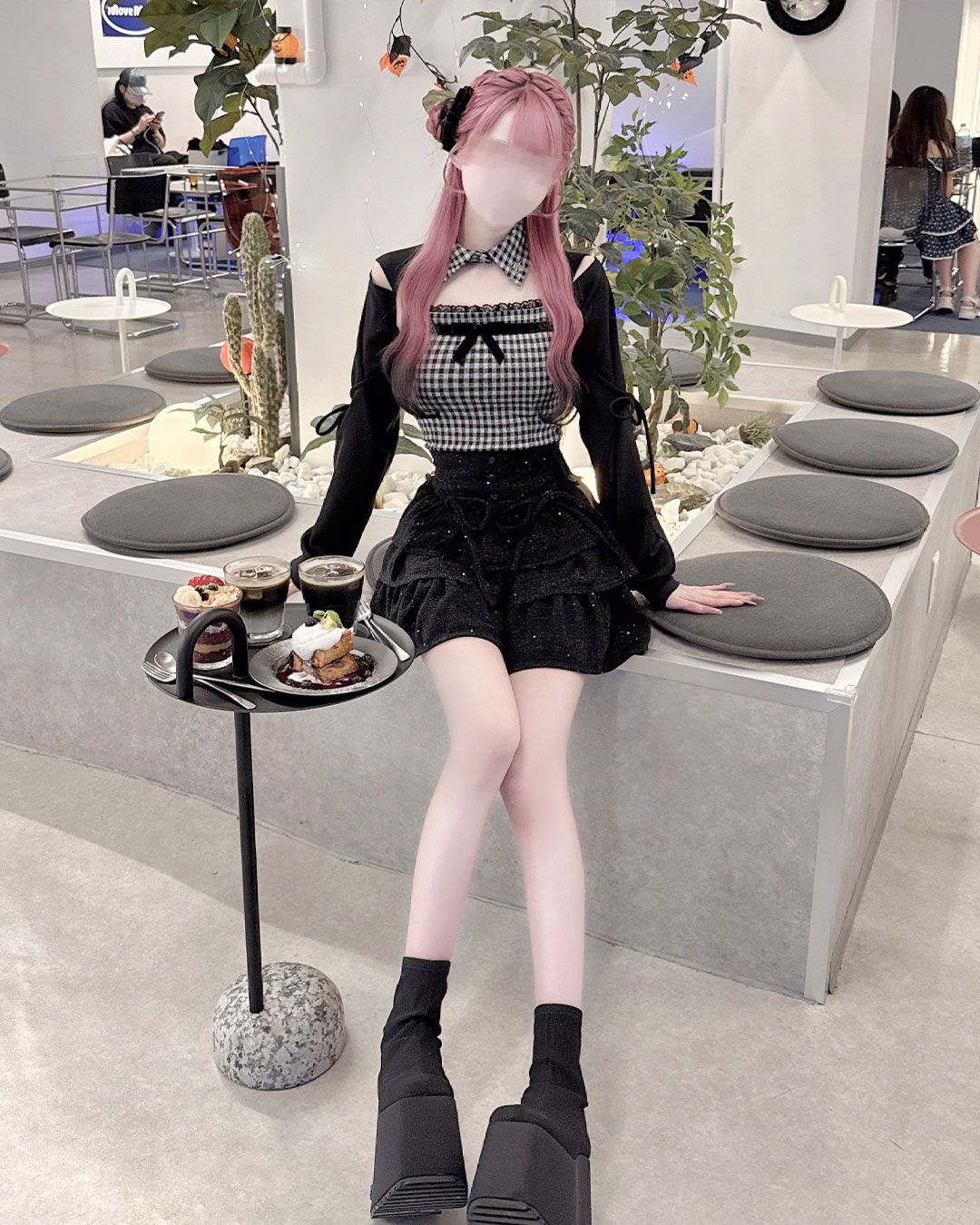 HONEYMEW ギンガムアンサンブルトップス ブラック ハニーミュウ HONEYMEW 千鳥柄ハイネックアンサンブルトップス ブラック ハニー