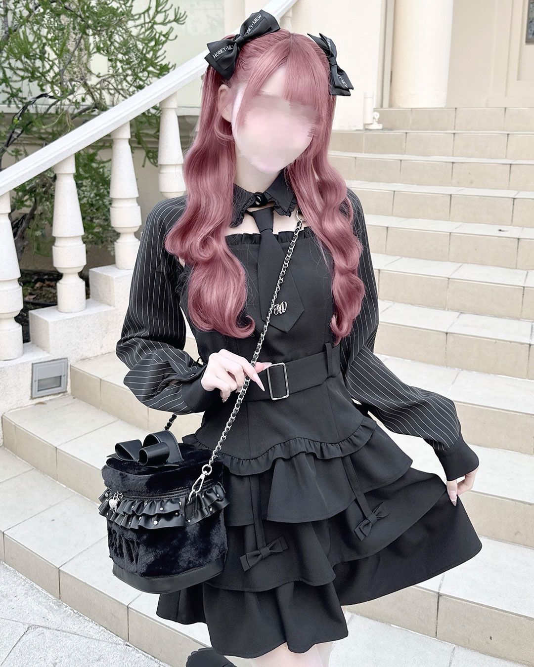 ビッグリボンファーバニティショルダー ピンク×ブラック