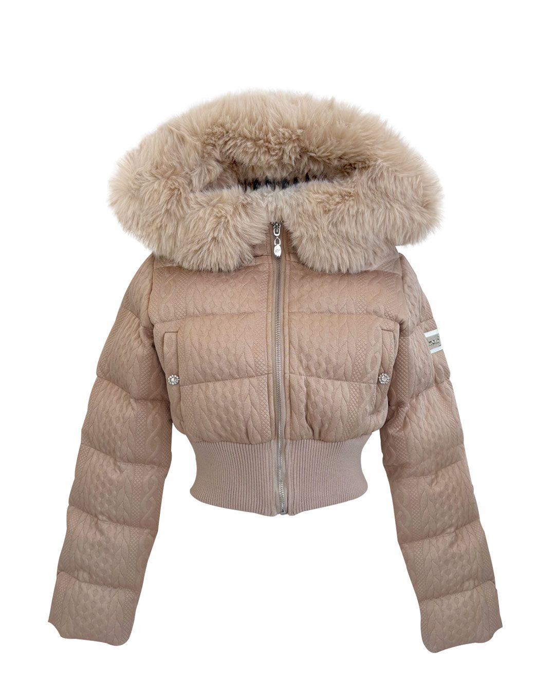 ミシェルマカロン ファーフードケーブル柄 ショートダウン ミシェルマカロン ファーフードケーブル柄ショートダウン フリーサイズ