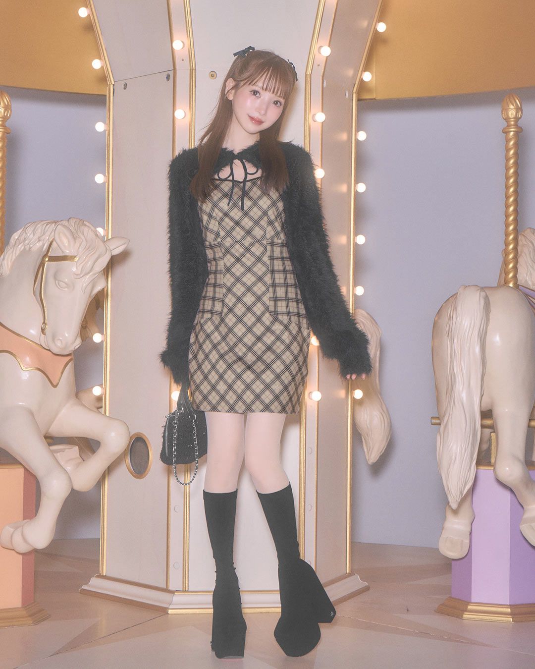 オリジナルチェック柄アンサンブルミニワンピース オリジナルチェック柄アンサンブルミニワンピース ベージュ