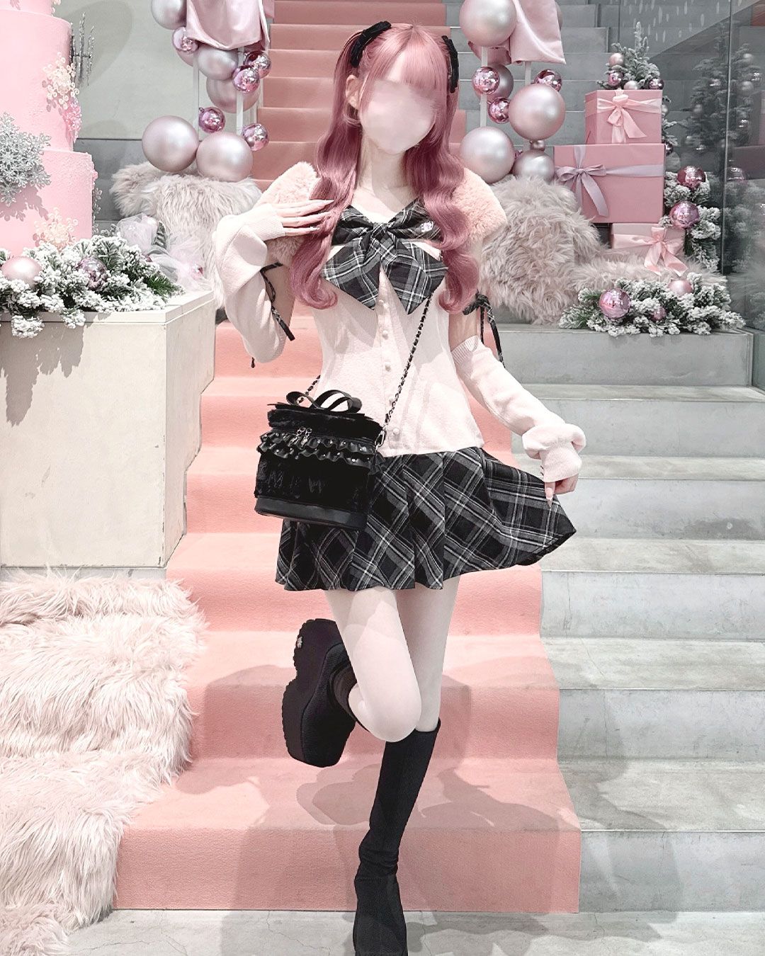 honeymew チェックリボンドッキングワンピース ブラック XS アームカバー付きビッグリボンチェックファーワンピース ブラック