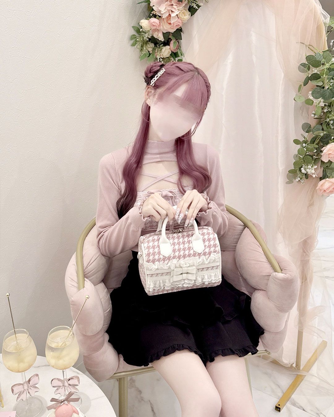 ハニーミュウ　千鳥リボンボストンバッグ　SJS0098M　ブラック 01429a11a668c5835613b8879cfb6d