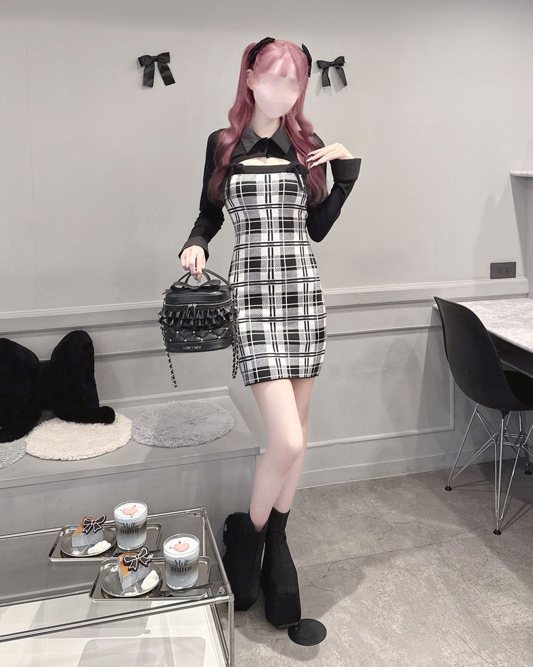 HONEY MEW checkアンサンブルロングスリーブワンピース checkアンサンブルロングスリーブワンピース グレー