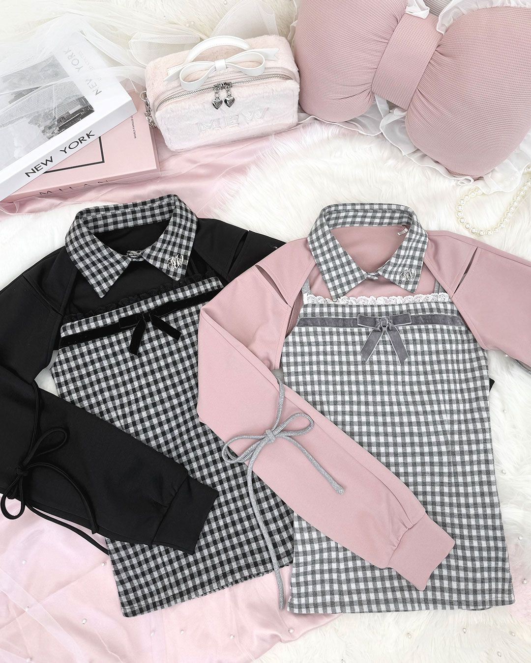 リボンスリットギンガムアンサンブルトップス ブラック | ファッション