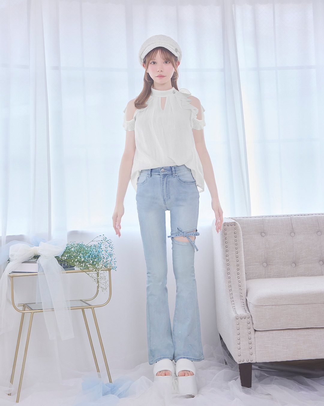 5kg美脚デニム（ビジューリボン） グレー | ファッション通販