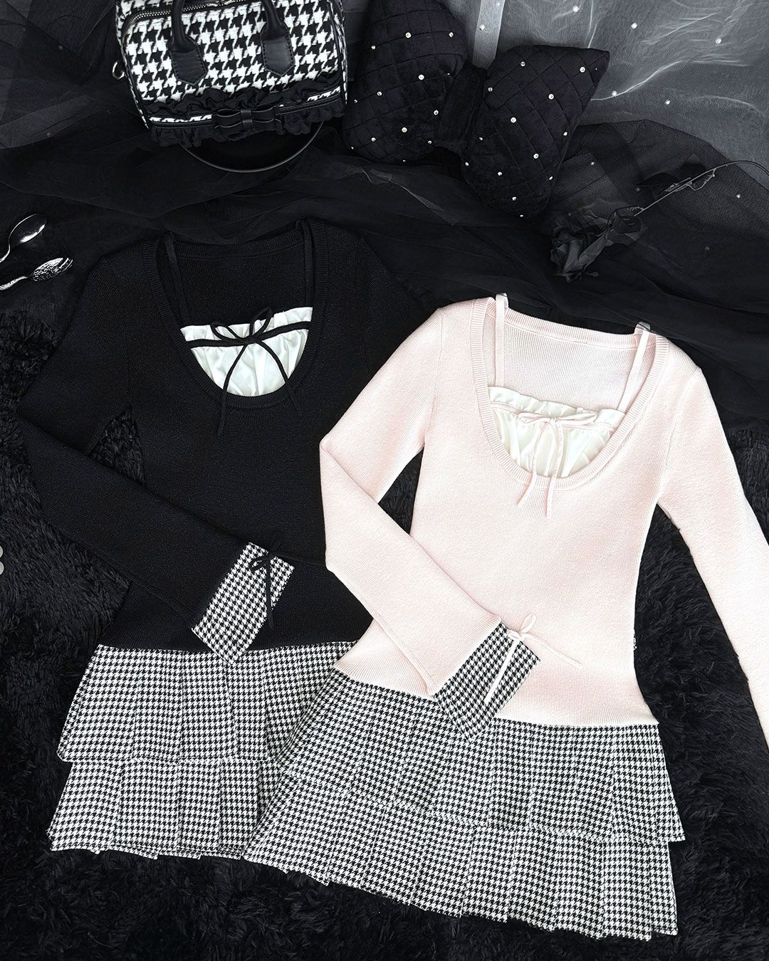 ミシェルマカロン 千鳥プリーツドッキングワンピース 千鳥プリーツドッキングワンピース ブラック | ファッション通販