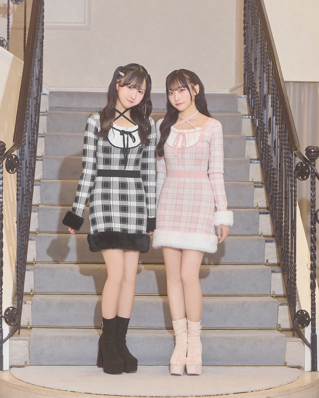 クロスリボンチェックファーワンピ ブラック | ファッション通販