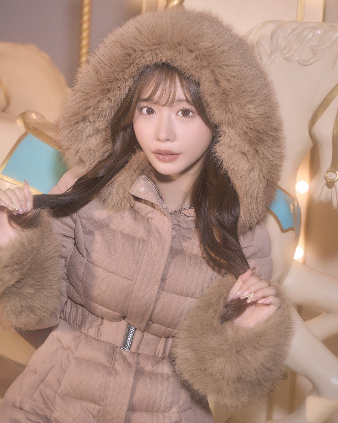 ケーブル柄ベルトダウンコート アイボリー | ファッション通販