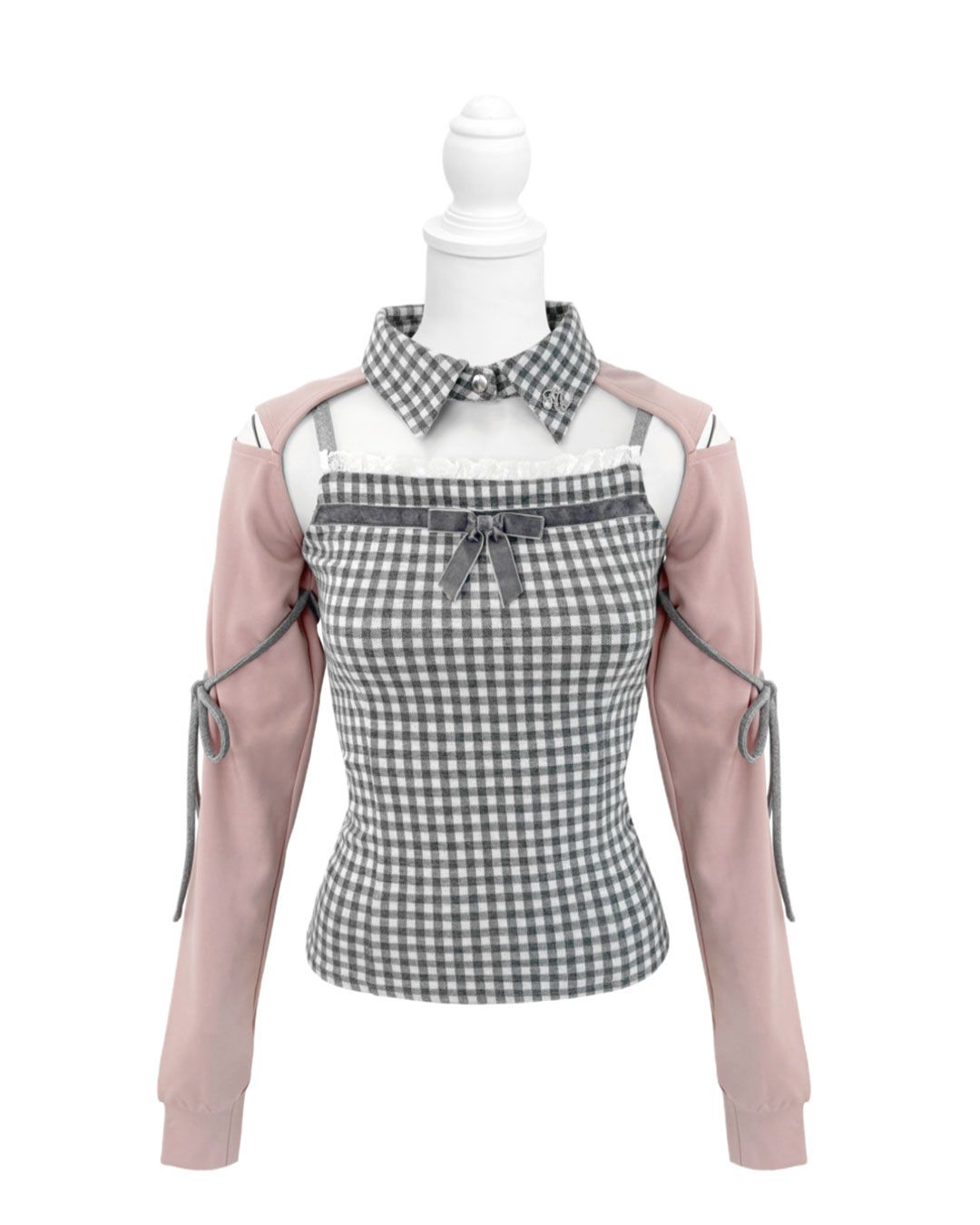 リボンスリットギンガムアンサンブルトップス ブラック | ファッション
