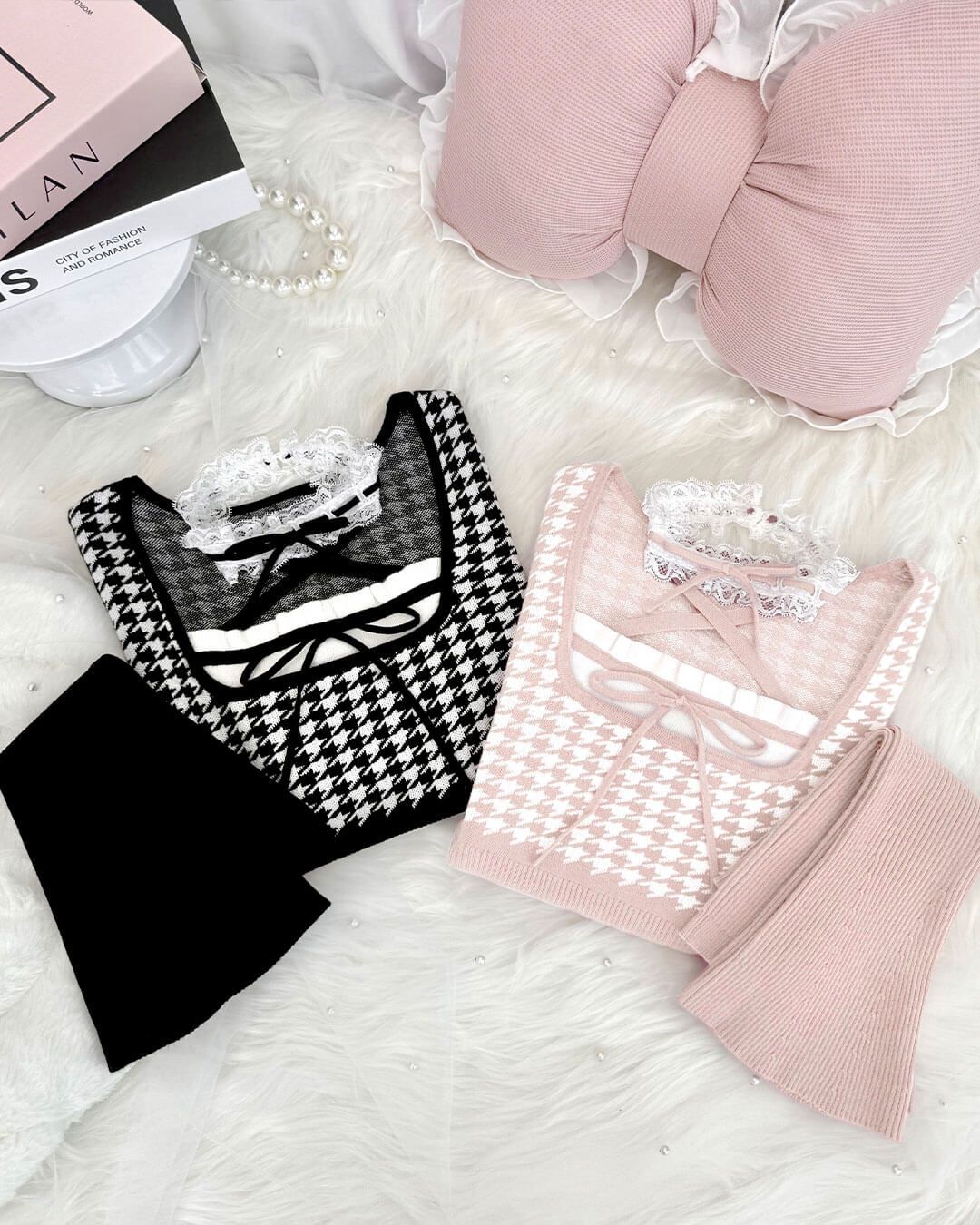 レースチョーカー付き千鳥柄トップス ピンク | ファッション通販