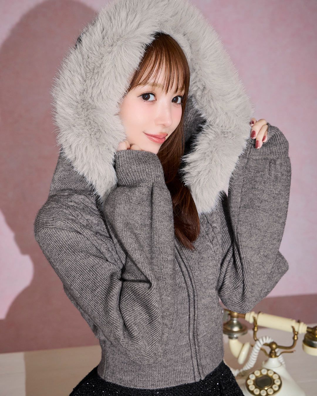 ファーフードケーブルニットジップトップス グレー | ファッション通販