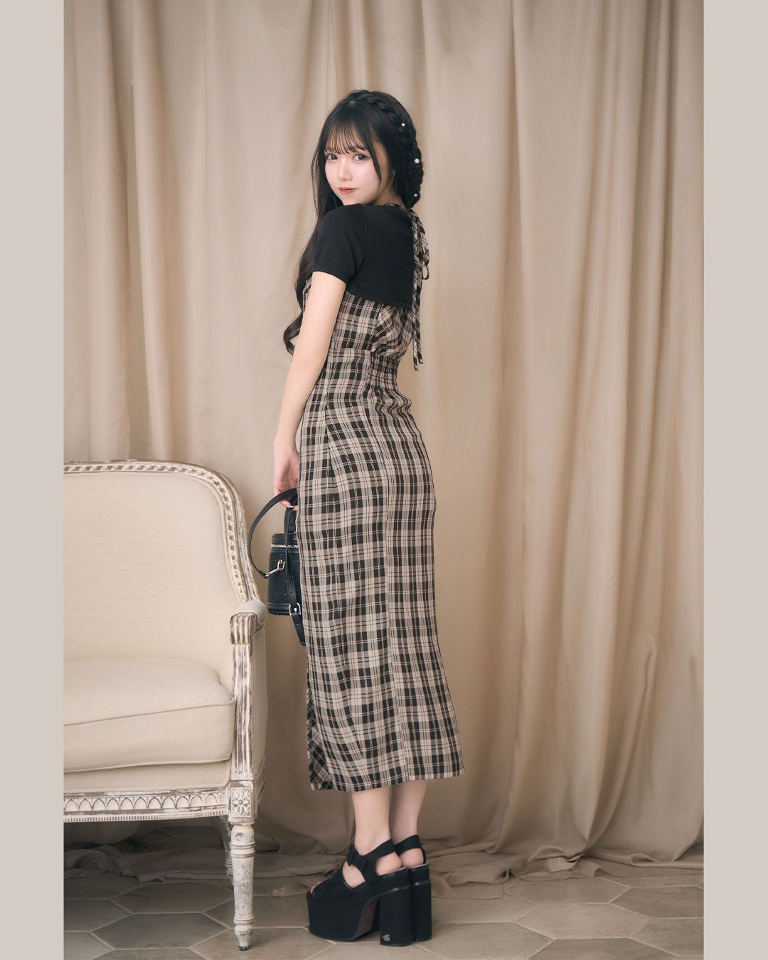michellMacaron アンサンブルチェックワンピース アンサンブルチェックワンピース ベージュ | ファッション通販
