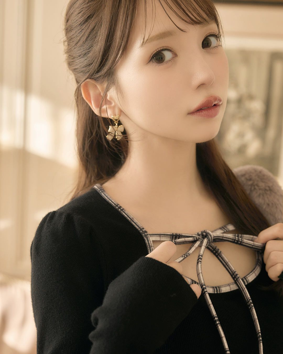 オリジナルチェック柄パイピングリボントップス ブラック