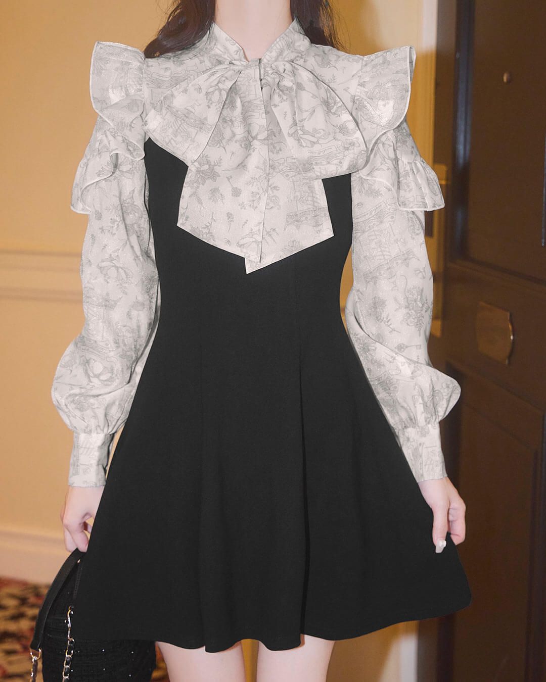 michellMacaron ロイヤルフルールリボンフレアワンピ ロイヤルフルールリボンフレアワンピ ブラック | ファッション通販