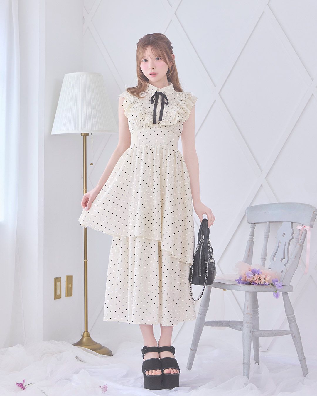 ミシェルマカロン ドットフリルティアードワンピース FREESIZE ドットフリルティアードワンピース アイボリー | ファッション通販