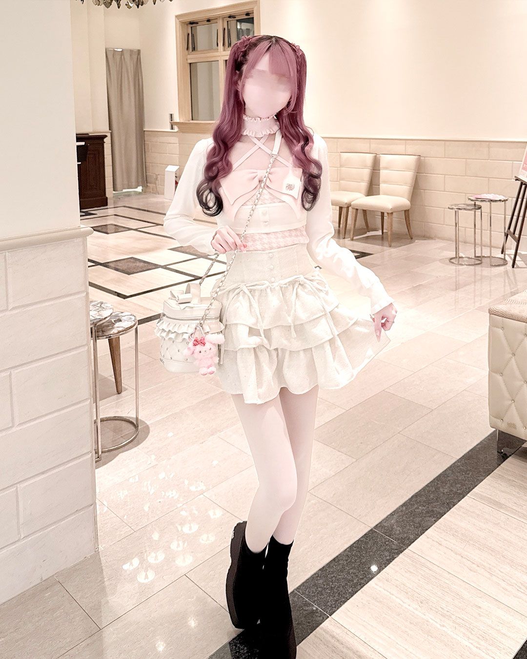 チョーカー付きビッグリボンアンサンブルトップス サックスブルー