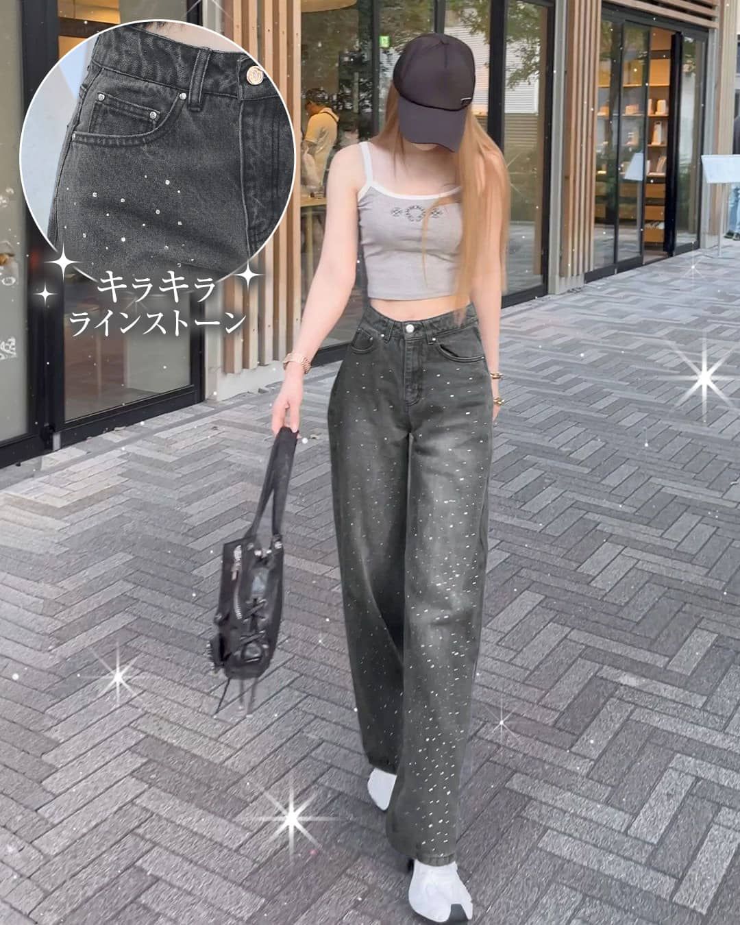 ラインストーンワイドデニム グレー | ファッション通販
