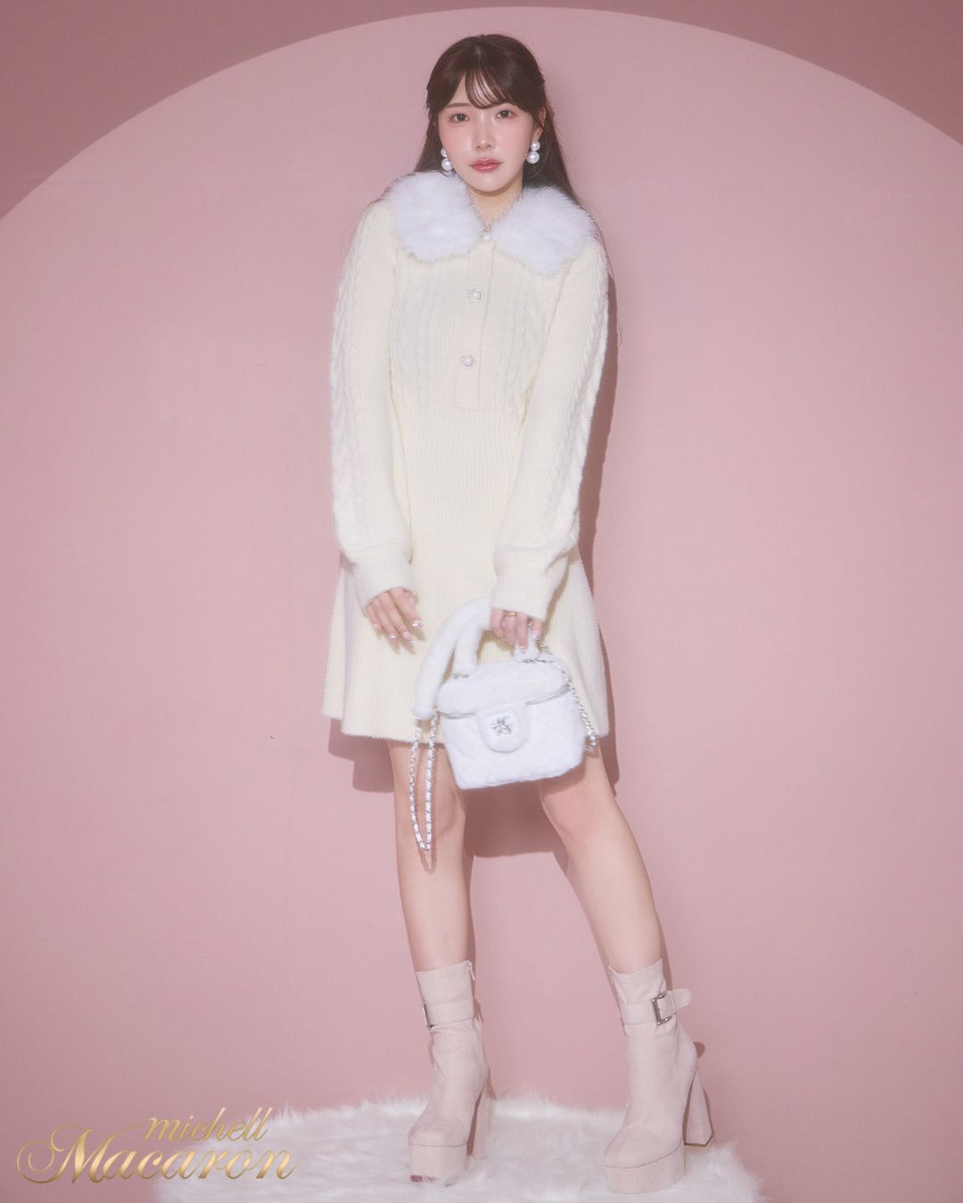 ファーカラーニットワンピース アイボリー | ファッション通販