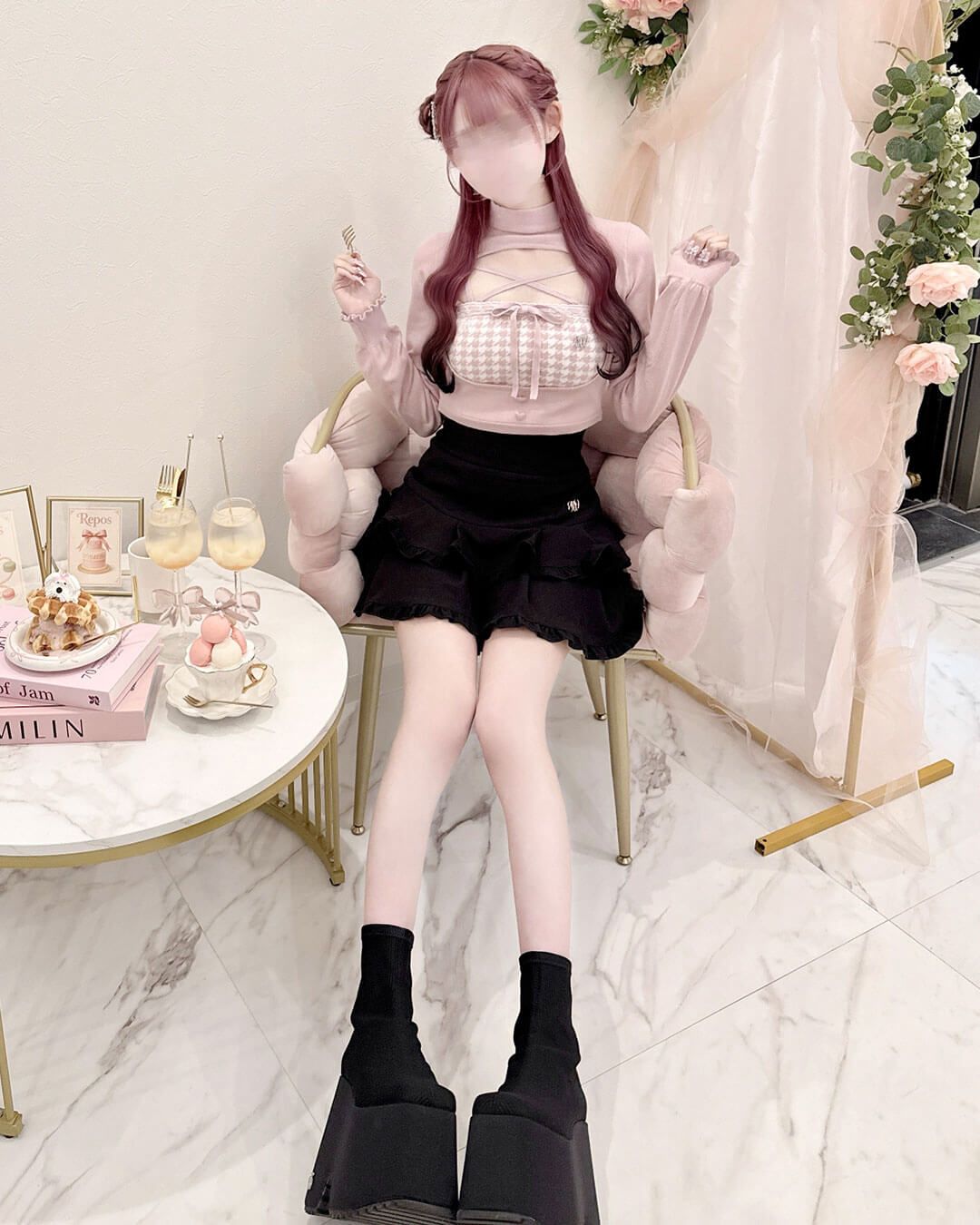 千鳥柄ハイネックアンサンブルトップス ピンク | ファッション