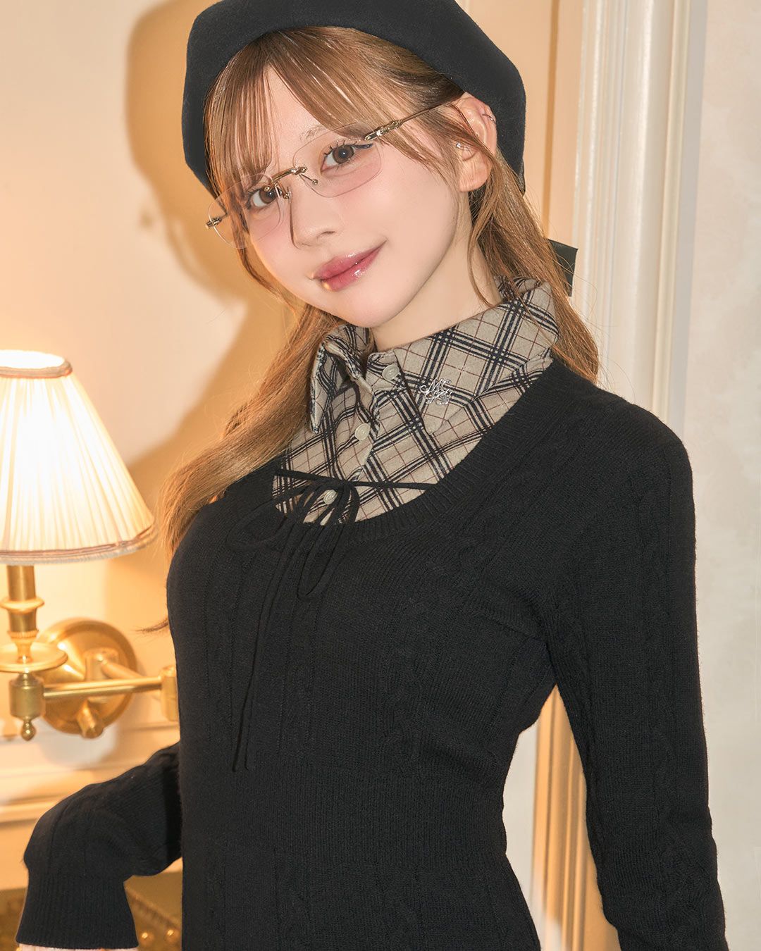 ミシェルマカロン　シャツレイヤード風ニットワンピース シャツレイヤード風ニットワンピース ブラック | ファッション