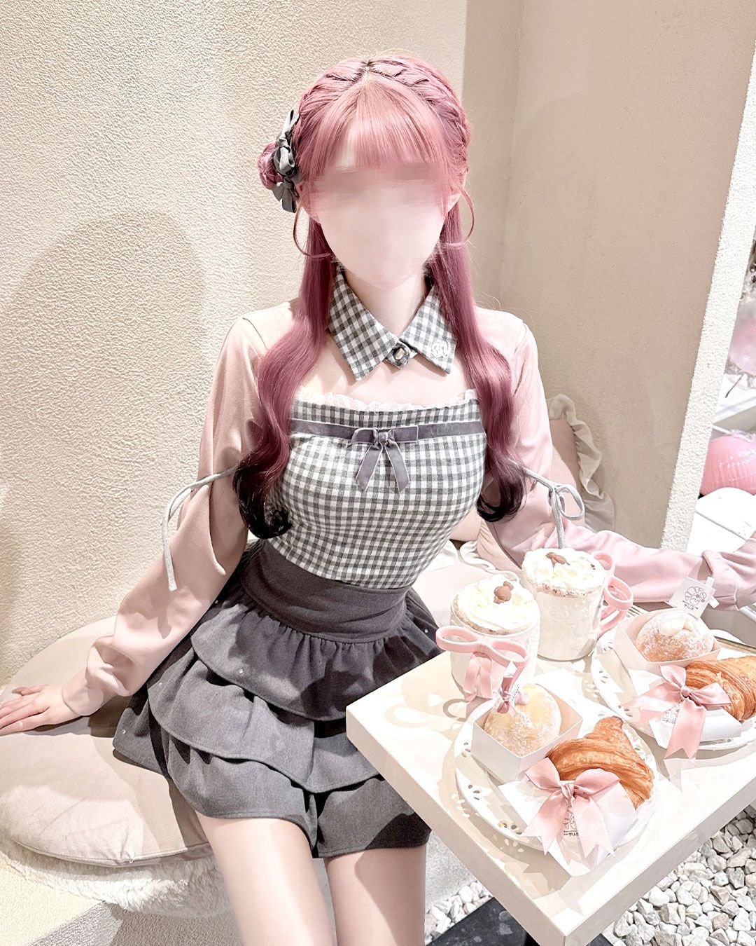 リボンスリットギンガムアンサンブルトップス ブラック | ファッション