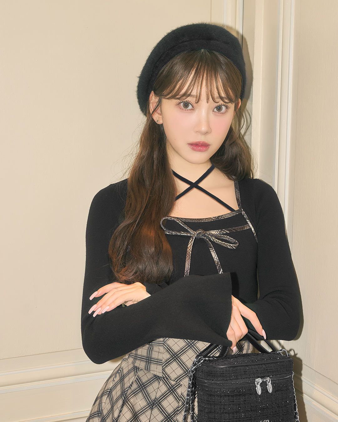 チェックパイピングリボンニットトップス ブラック | ファッション通販