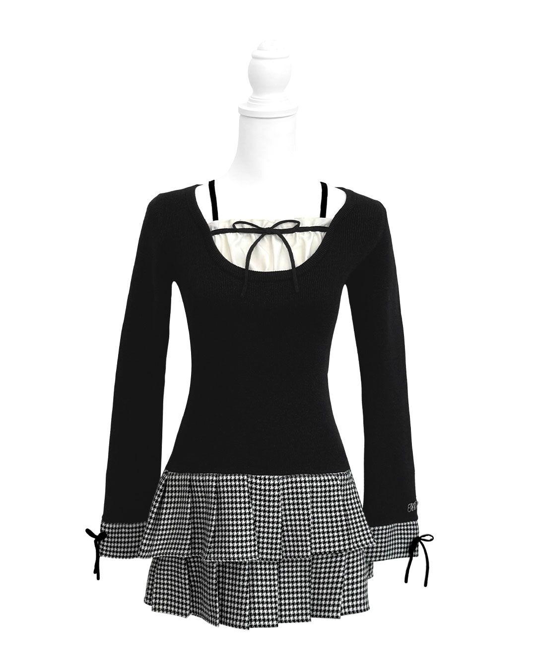 ミシェルマカロン 千鳥プリーツドッキングワンピース 千鳥プリーツドッキングワンピース ブラック | ファッション通販