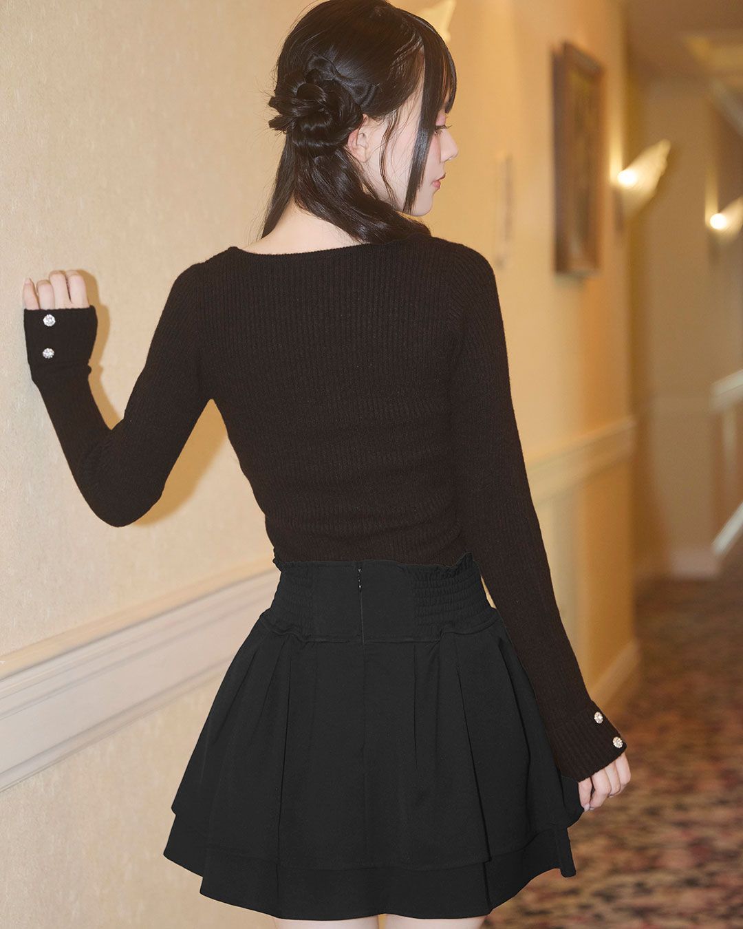 ミシェルマカロン　フリルリボンリブトップス　ブラウン フリルリボンリブトップス ブラウン | ファッション通販