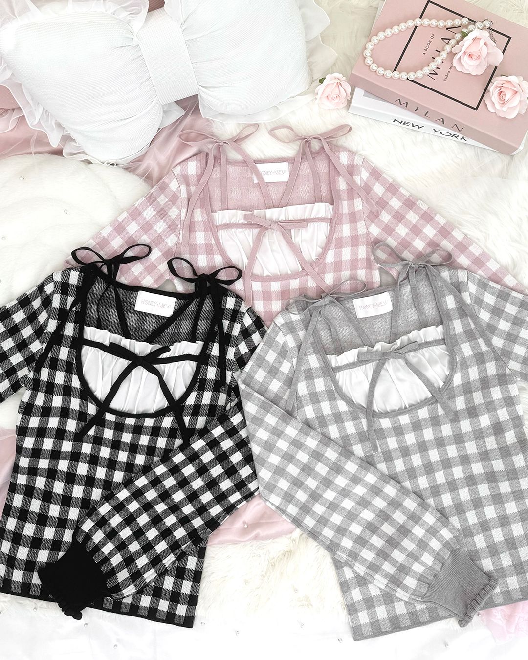 ストラップリボンギンガムチェックトップス ピンク | ファッション通販