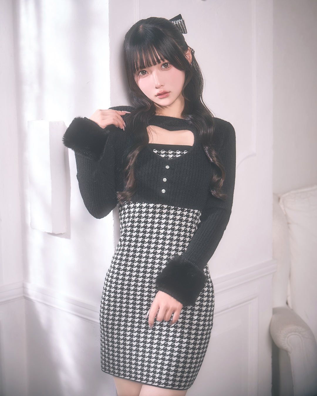 ハートカットニットワンピース ブラック×ホワイト | ファッション通販