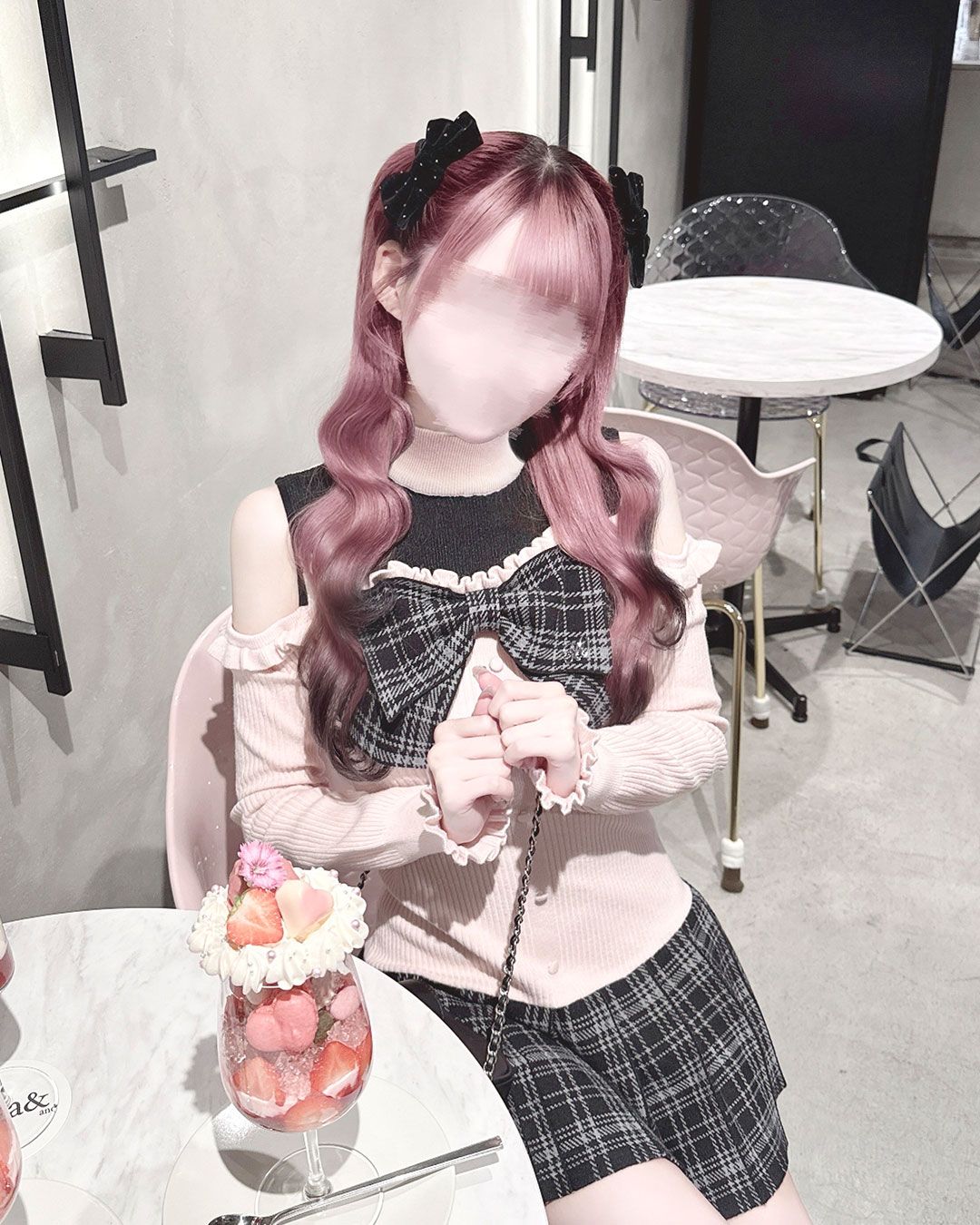 チェックリボン肩空きプリーツワンピース ピンク | ファッション通販