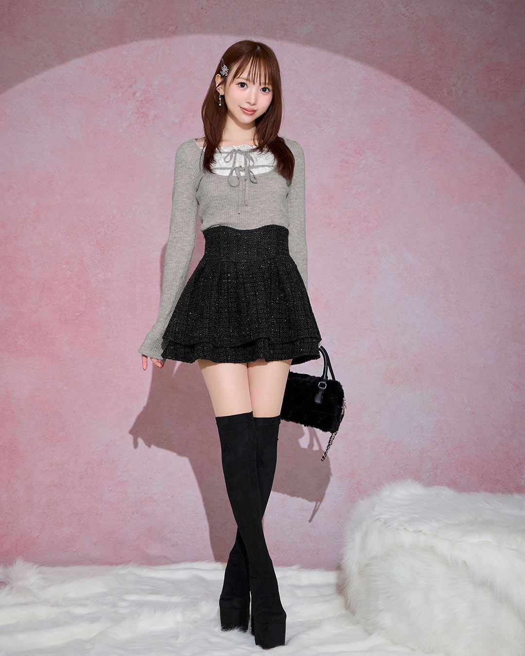 ミシェルマカロン　フリルリボンリブトップス　ブラウン フリルリボンリブトップス ブラウン | ファッション通販