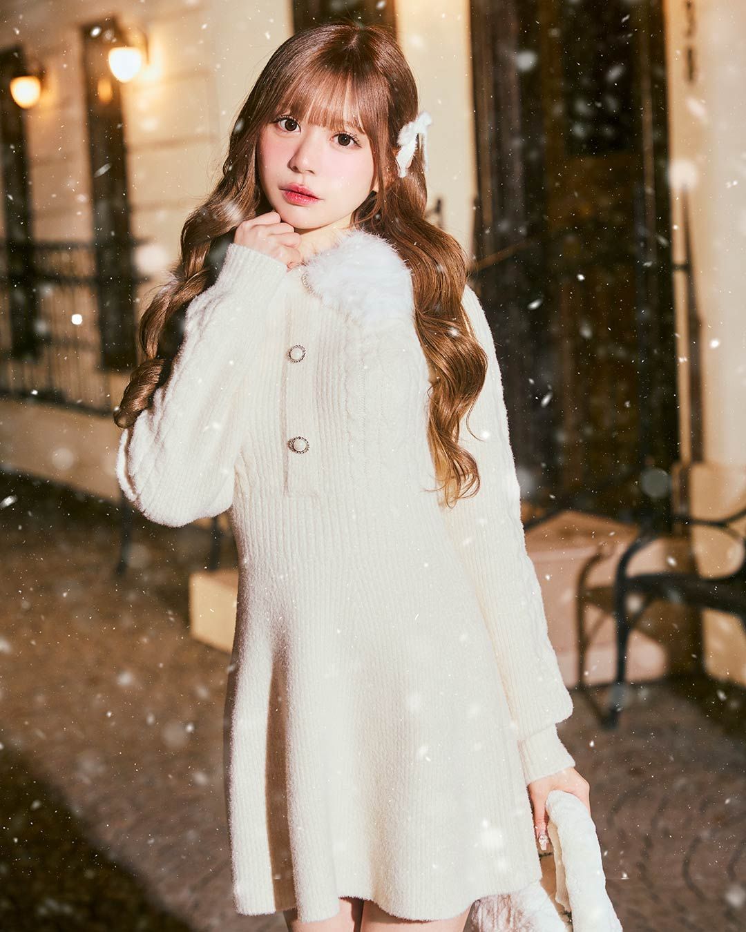 ファーカラーニットワンピース アイボリー | ファッション通販