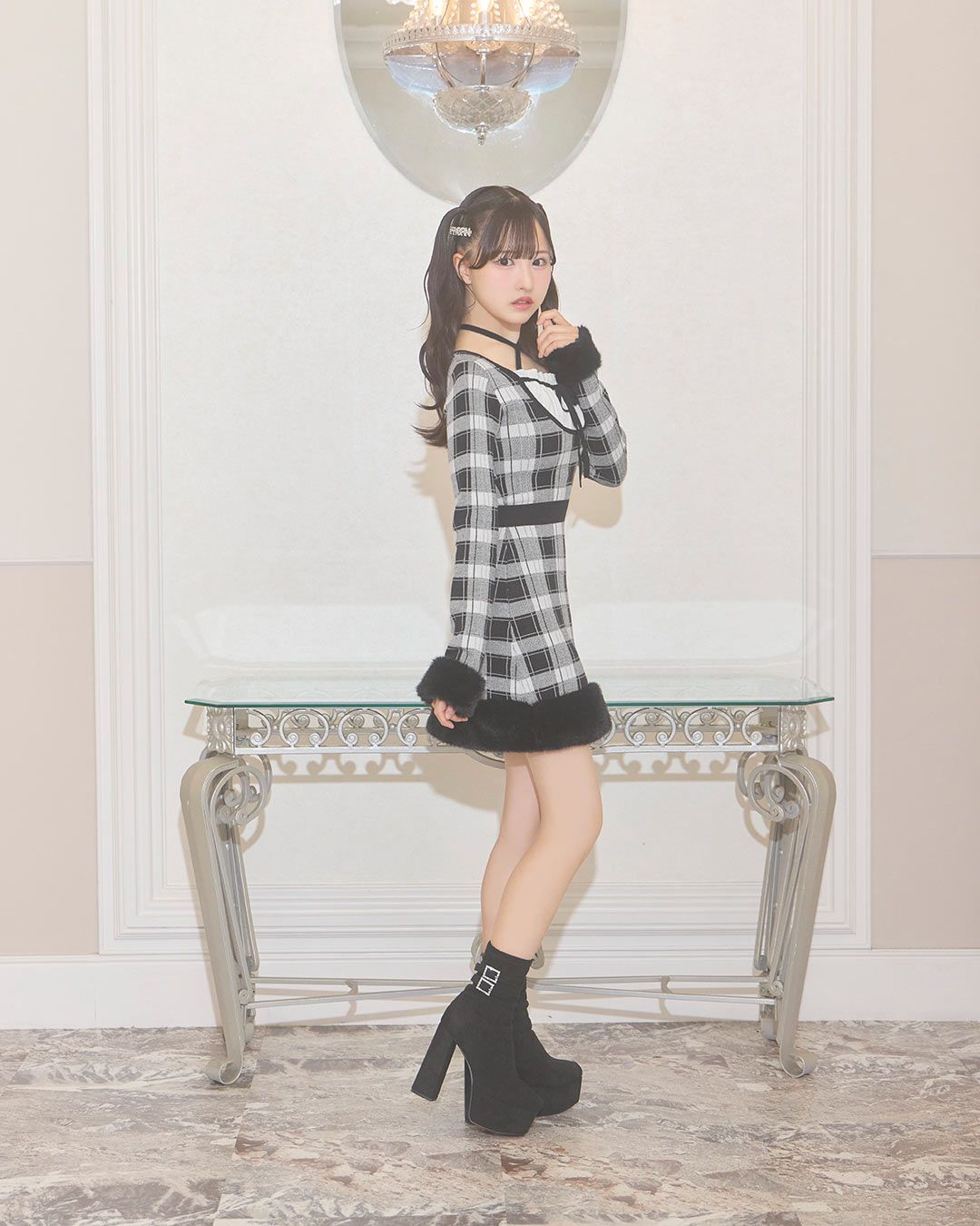 ミシェルマカロン クロスリボンチェックファーワンピ 高嶺のなでしこコラボ クロスリボンチェックファーワンピ ブラック | ファッション通販